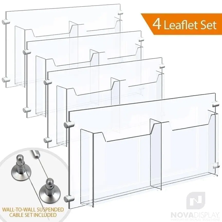 Wall-to-Wall Cable Suspended 1/8″ Clear Acrylic Literature Holder (with 1/4″ Base) – Double Pocket / 4 PCS SET