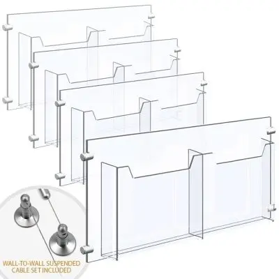 Wall-to-Wall Cable Suspended 1/8″ Clear Acrylic Literature Holder (with 1/4″ Base) – Double Pocket / 4 PCS SET