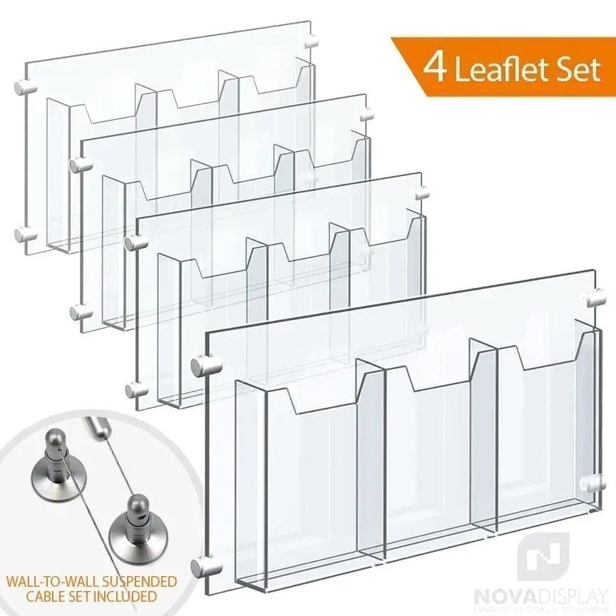 Wall-to-Wall Cable Suspended 1/8″ Clear Acrylic Literature Holder (with 1/4″ Base) – Treble Pocket / 4 PCS SET