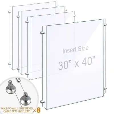 Wall-to-Wall Cable Suspended 1/8″ Clear Acrylic Poster Holder / Portrait Format