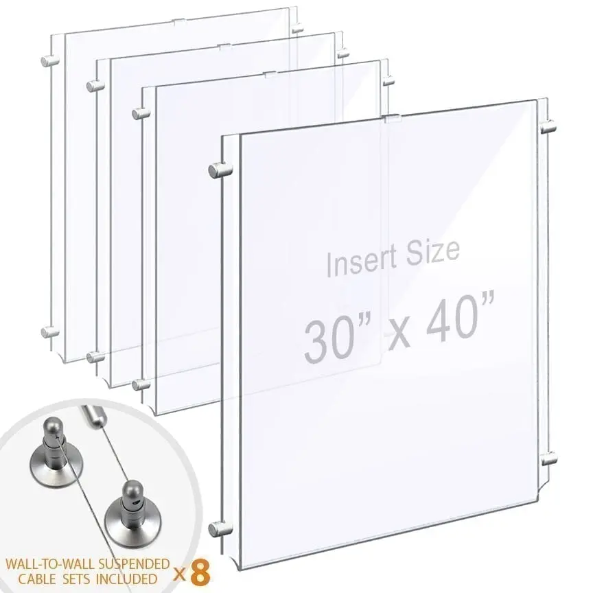 Wall-to-Wall Cable Suspended 1/8″ Clear Acrylic Poster Holder / Portrait Format