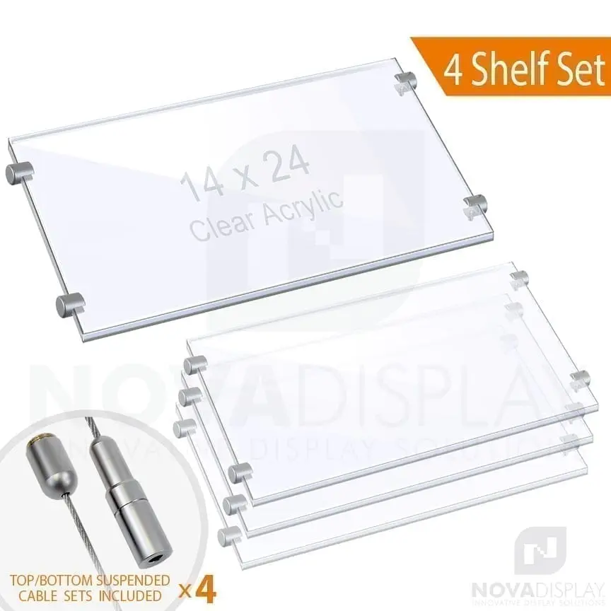 Cable Suspended 3/8″ Clear Acrylic Shelf Display with Laser-Cut Polished Edges