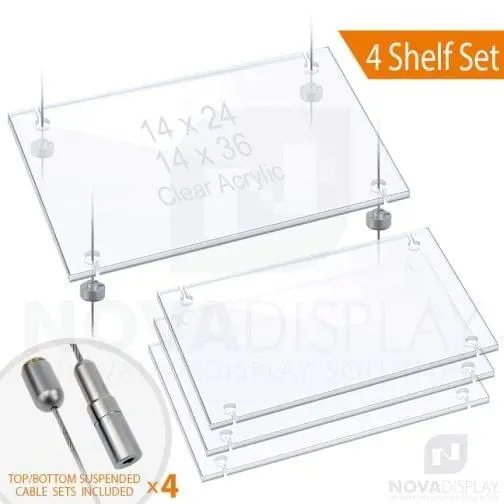 Cable Suspended 3/8″ Thick Acrylic Shelf Display Bundle w/Clear Slotted / Removable Shelves