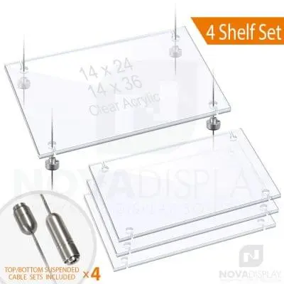 Cable Suspended 3/8″ Thick Acrylic Shelf Display Bundle w/Clear Slotted / Removable Shelves (*Stainless Steel)