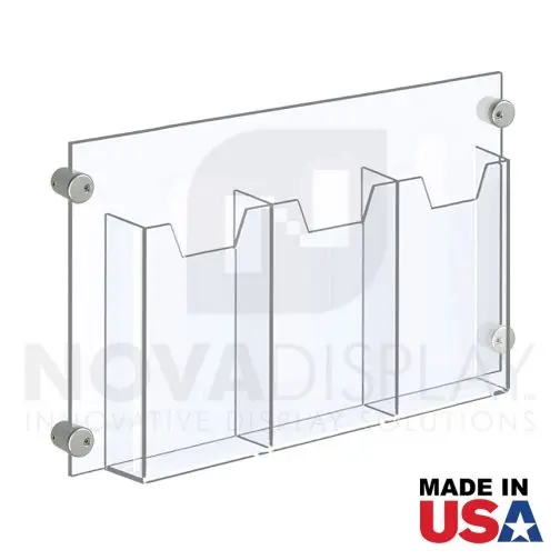 Acrylic Leaflet Dispenser – Treble Pocket / Edge-Grip Wall Mounted. Insert Size: 3.5″W x 8.5″H Tri-Fold / QTY 4