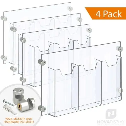 Acrylic Leaflet Dispenser – Treble Pocket / Edge-Grip Wall Mounted. Insert Size: 3.5″W x 8.5″H Tri-Fold / QTY 4