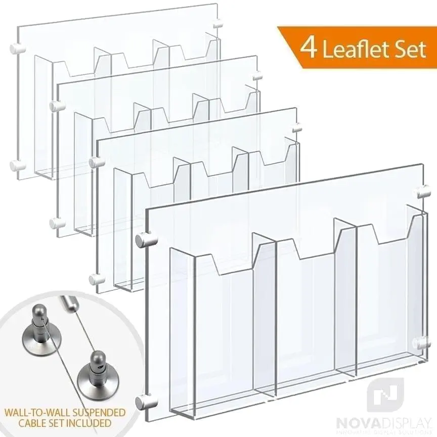 Wall-to-Wall Cable Suspended 1/8″ Clear Acrylic Literature Holder (with 1/4″ Base) – Treble Pocket / 4 PCS SET