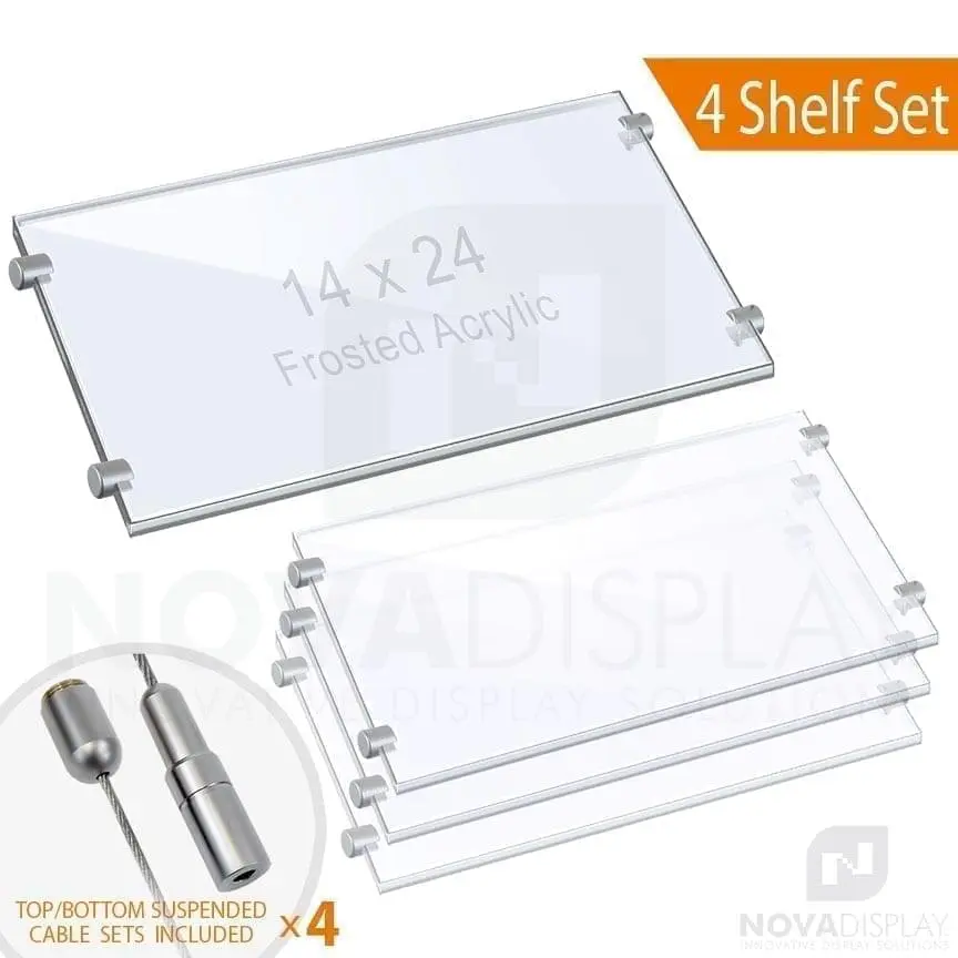 Cable Suspended 3/8″ Frosted Acrylic Shelf Display with Laser-Cut Polished Edges