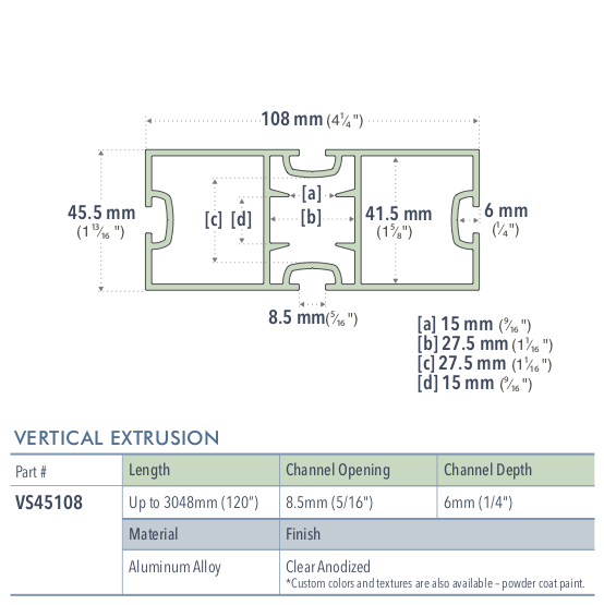 Specifications for VS45108/72/L