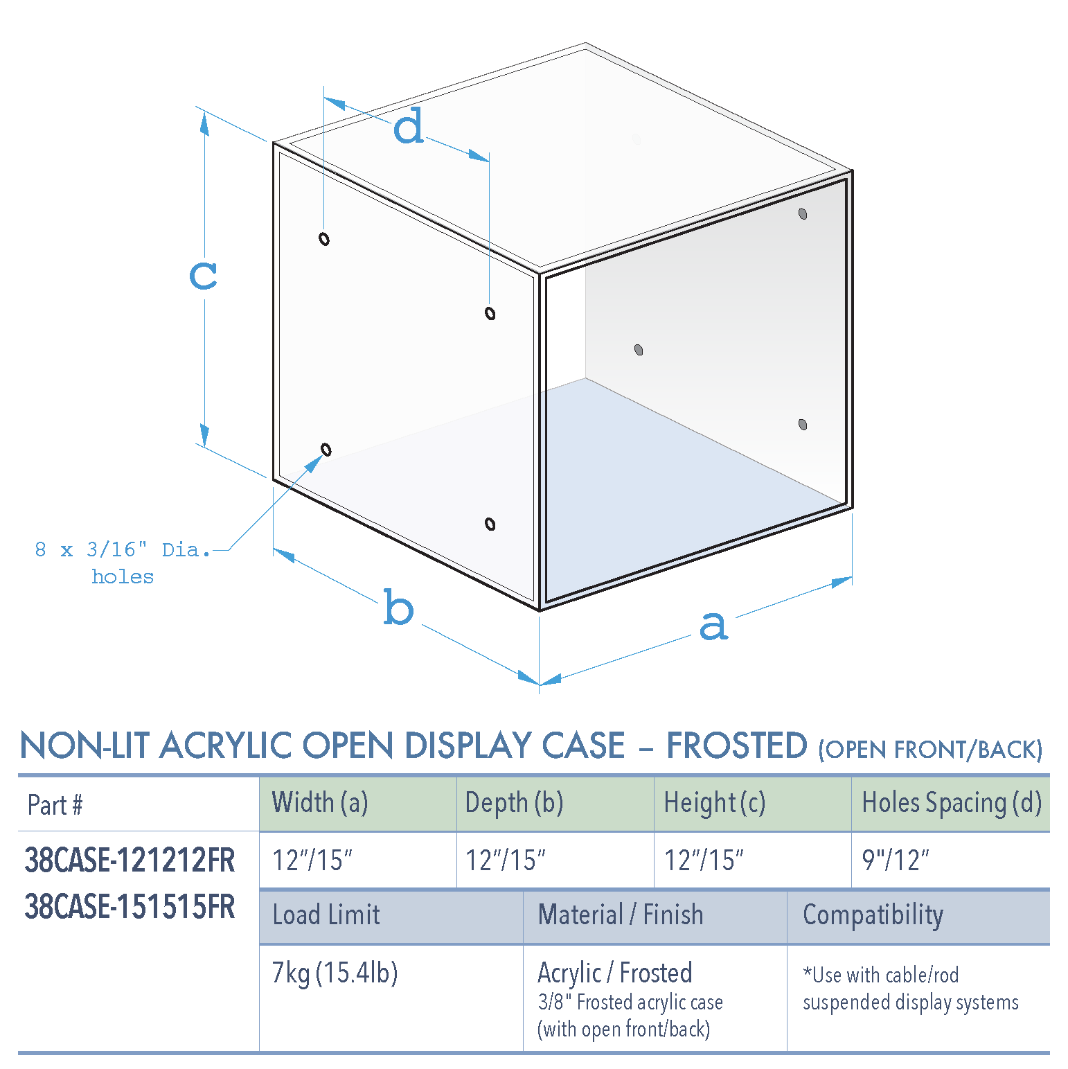 Specifications for 38CASE-FROSTED-OPEN