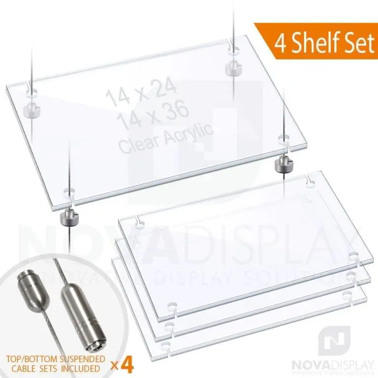 Cable Suspended Acrylic Shelves Drilled And Slotted For Easy Removal   K38ASH 142436 4 PACK Ceiling To Floor Stainless Steel Cable Suspended 768x768 