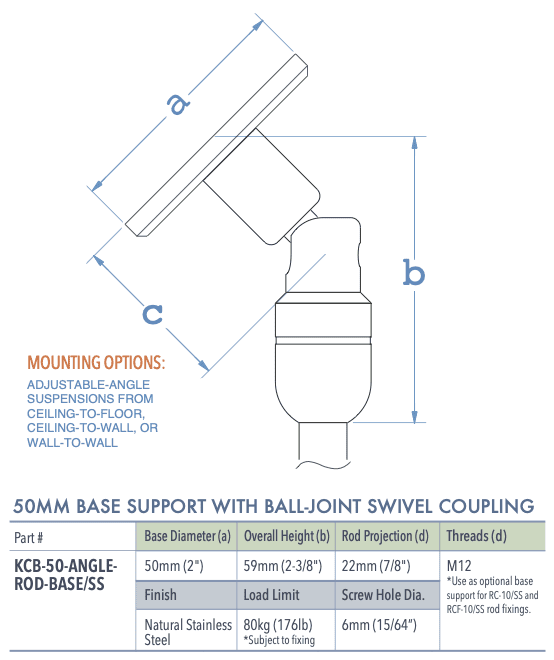 Specifications for KCB-50-ANGLE-BASE-ROD-SS