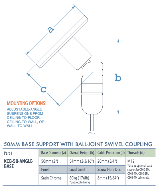 Specifications for KCB-50 ANGLE BASE