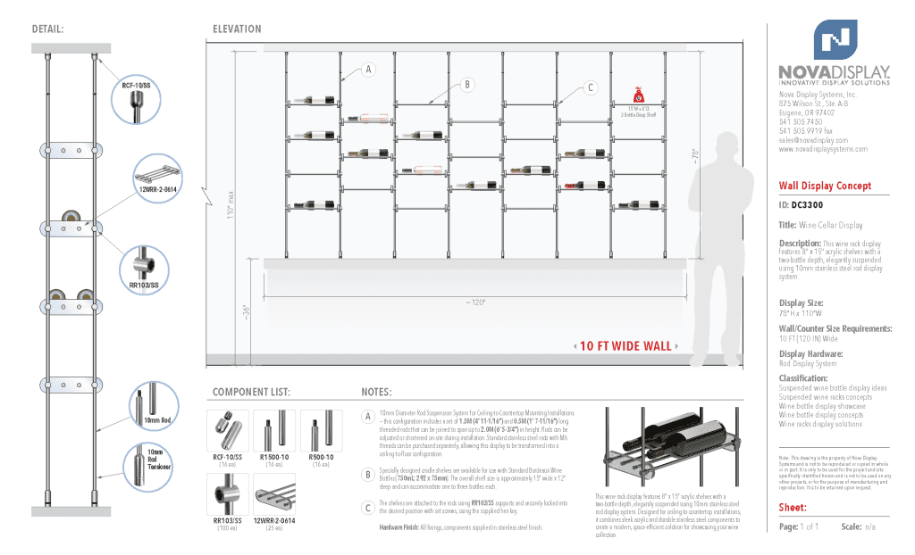 DC3300 Wine-Cellar Display Rack with Rod Suspended Shelves (10FT WALL)