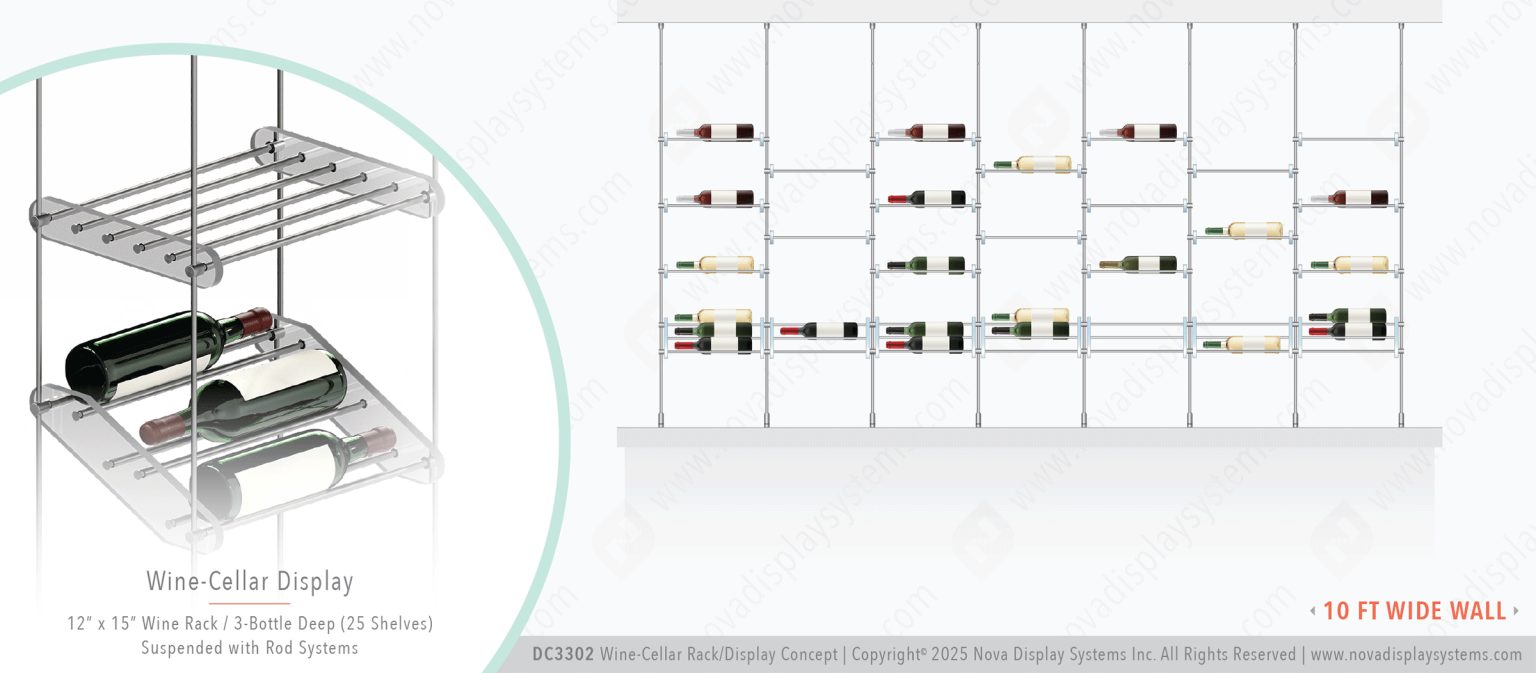 DC3302 Wine-Cellar Display Rack with Rod Suspended Shelves (10FT WALL)