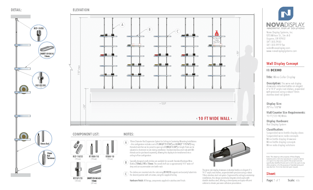 DC3303 Wine-Cellar Display Rack with Rod Suspended Shelves (10FT WALL)