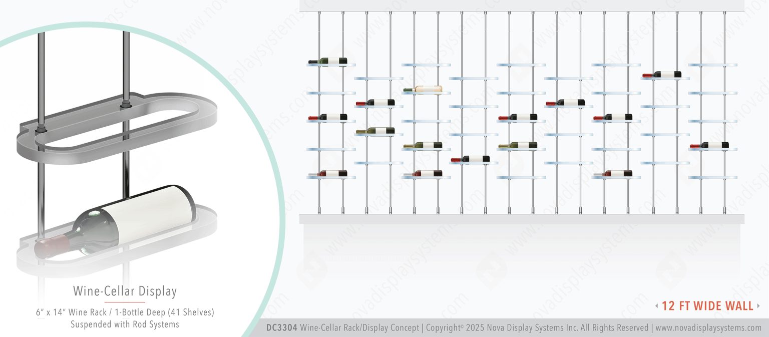 DC3304 Wine-Cellar Display Rack with Rod Suspended Shelves (12FT WALL)