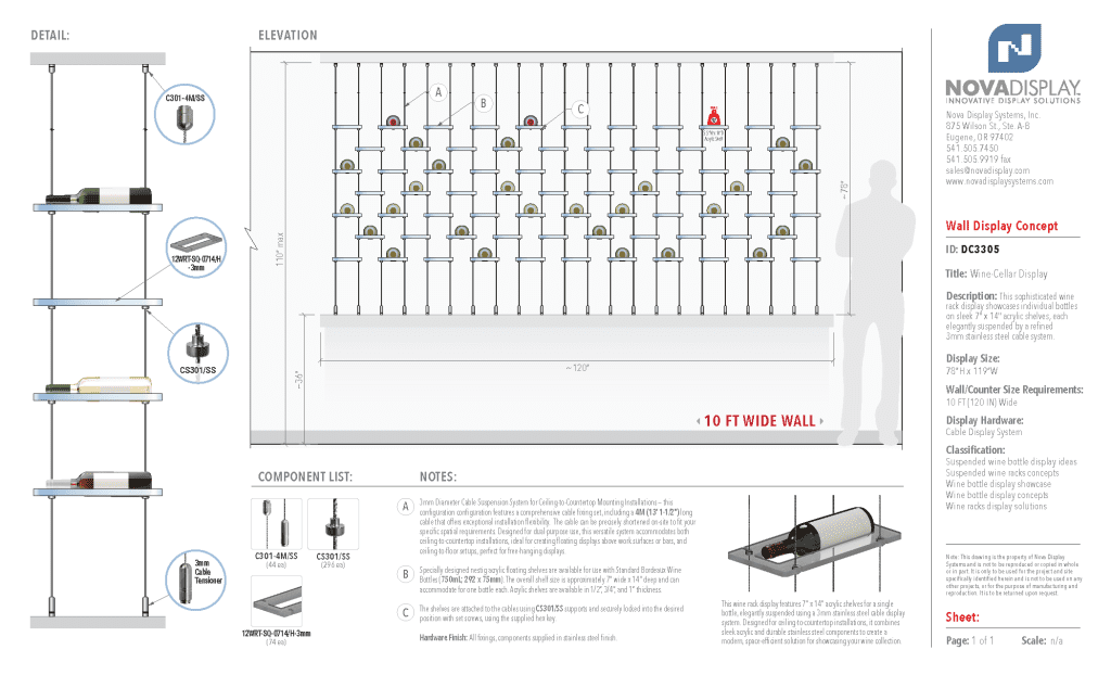 DC3305 Wine-Cellar Display Rack with Cable Suspended Shelves (10FT WALL)