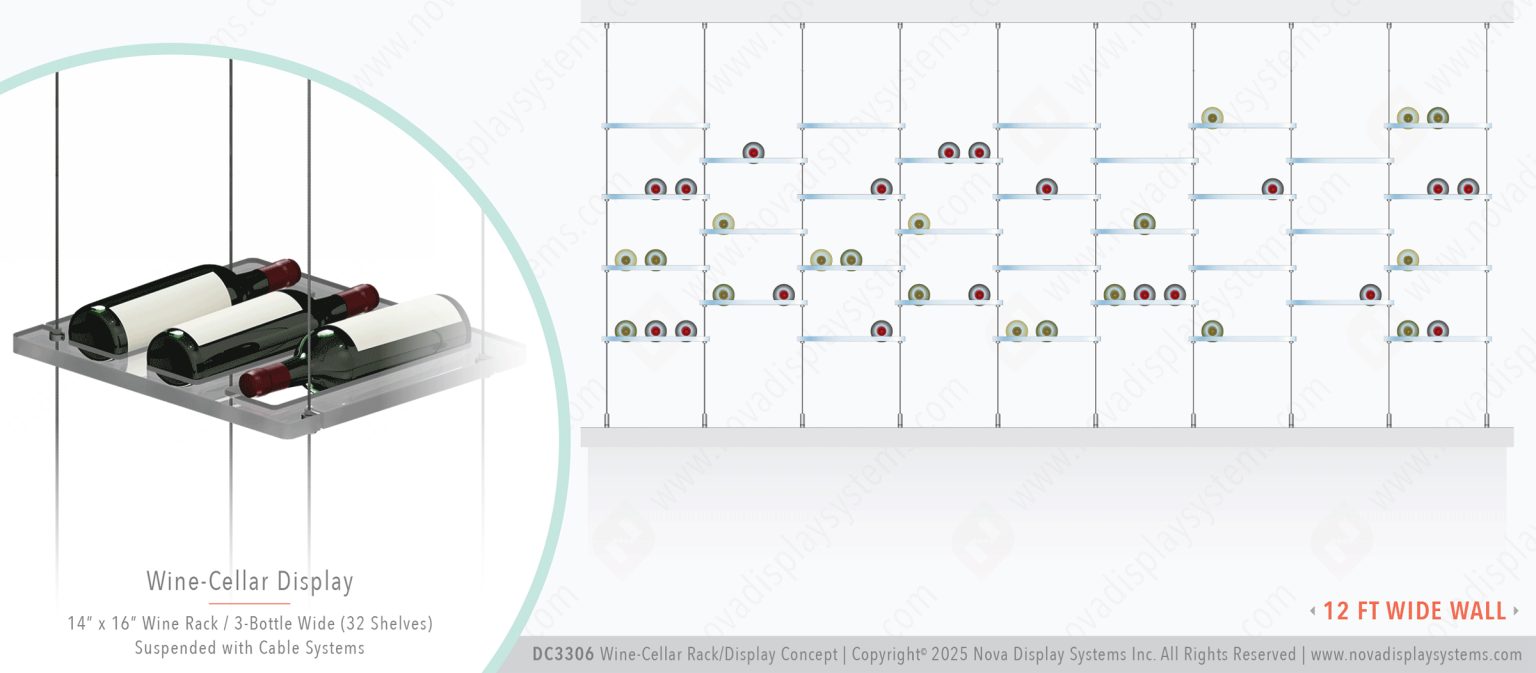 DC3306 Wine-Cellar Display Rack with Cable Suspended Shelves (12FT WALL)