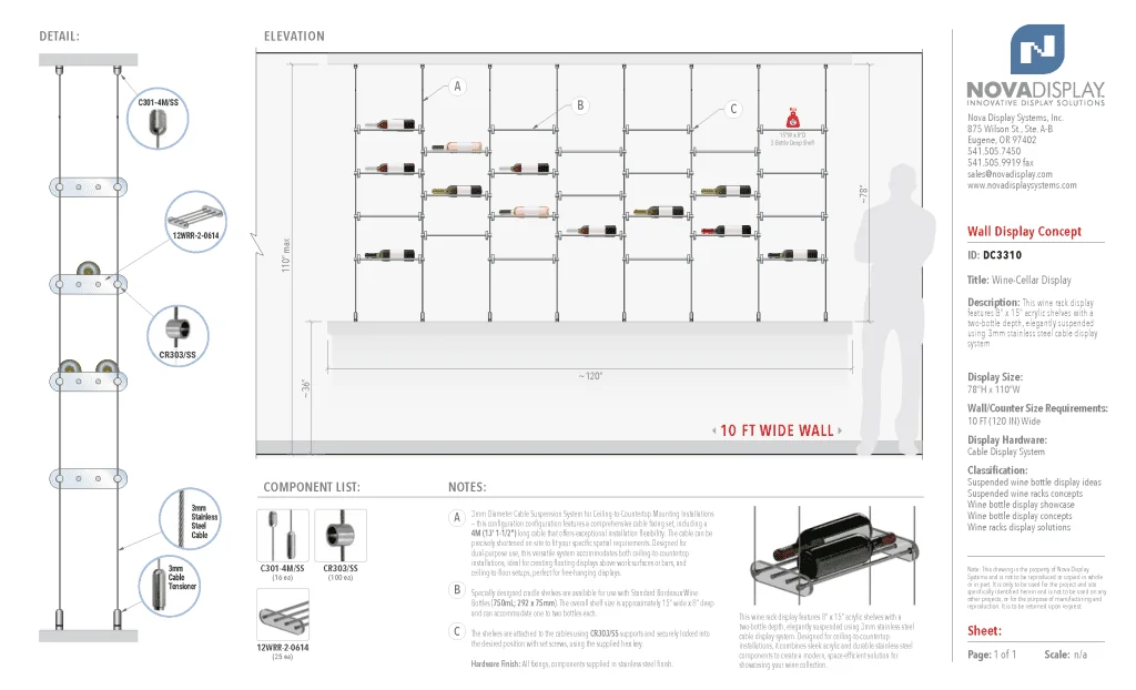 DC3310 Wine-Cellar Display Rack with Cable Suspended Shelves (10FT WALL)