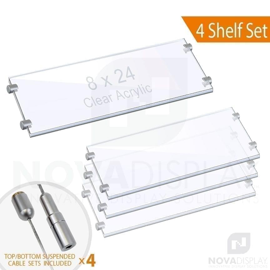 Cable Suspended 3/8″ Clear Acrylic Shelf Display with Laser-Cut Polished Edges