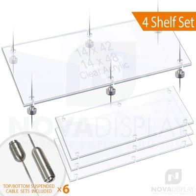 Cable Suspended 3/8" Thick Acrylic Shelf Display Bundle w/Clear Slotted / Removable Wide Shelves (*Stainless Steel)
