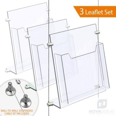 Cable Suspended Acrylic Literature Holder – Reclined. Insert Size: 11"W x 8.5"H Letter – Portrait / QTY 3