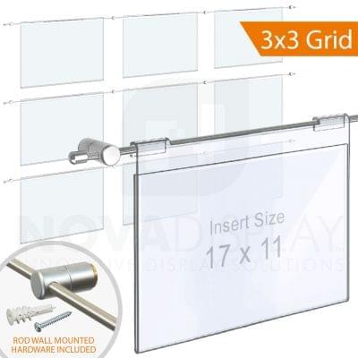 Hook-on Acrylic Info/Poster Display – Clear. Insert Size: 17″W x 11″H / 3 x 3 GRID