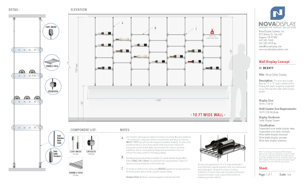 DC3311 Wine-Cellar Display Rack with Cable Suspended Shelves (10FT WALL)